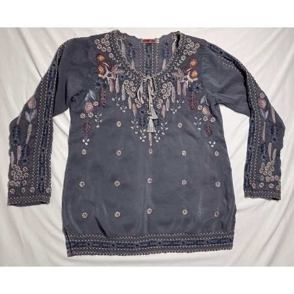 Johnny Was Tops - Johnny Was Santorini Embroidered Cloudburst Gray Boho Blouse Womens Size Small